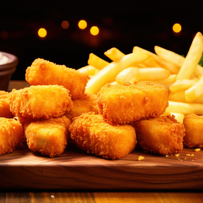 Delicious plate of golden chicken nuggets and fries.