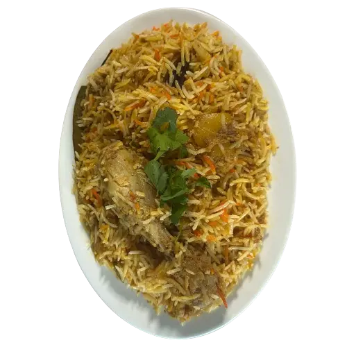 A full trey of chicken biryani on white background